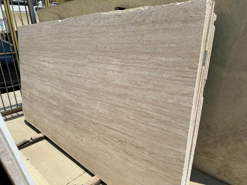 Beige Travertine slab in stock in Los Angeles stone yard